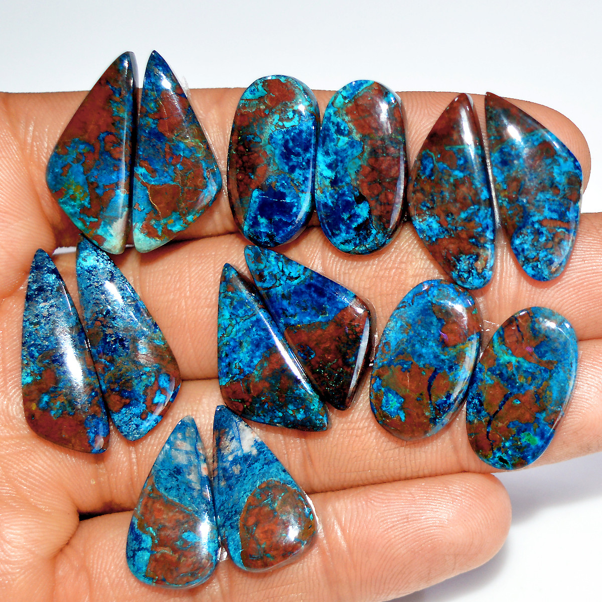 7 Pairs 180 Cts Natural Azurite Shattuckite Healing Crystal Cabochon Gemstone Pairs 26x9 21x10mm 17913