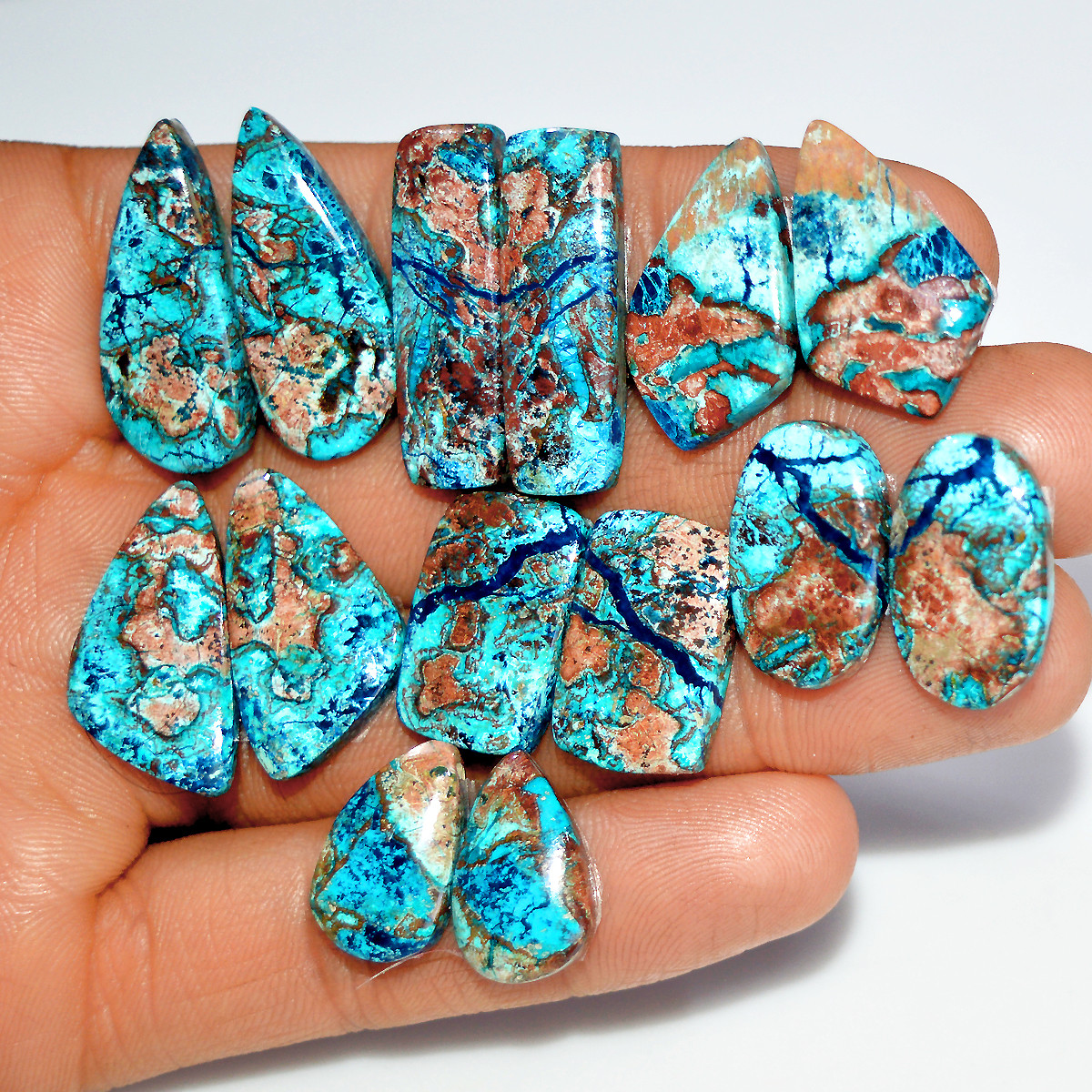 7 Pairs 141 Cts Natural Azurite Shattuckite Healing Crystal Cabochon Gemstone Pairs 27x8 16x9mm 17915