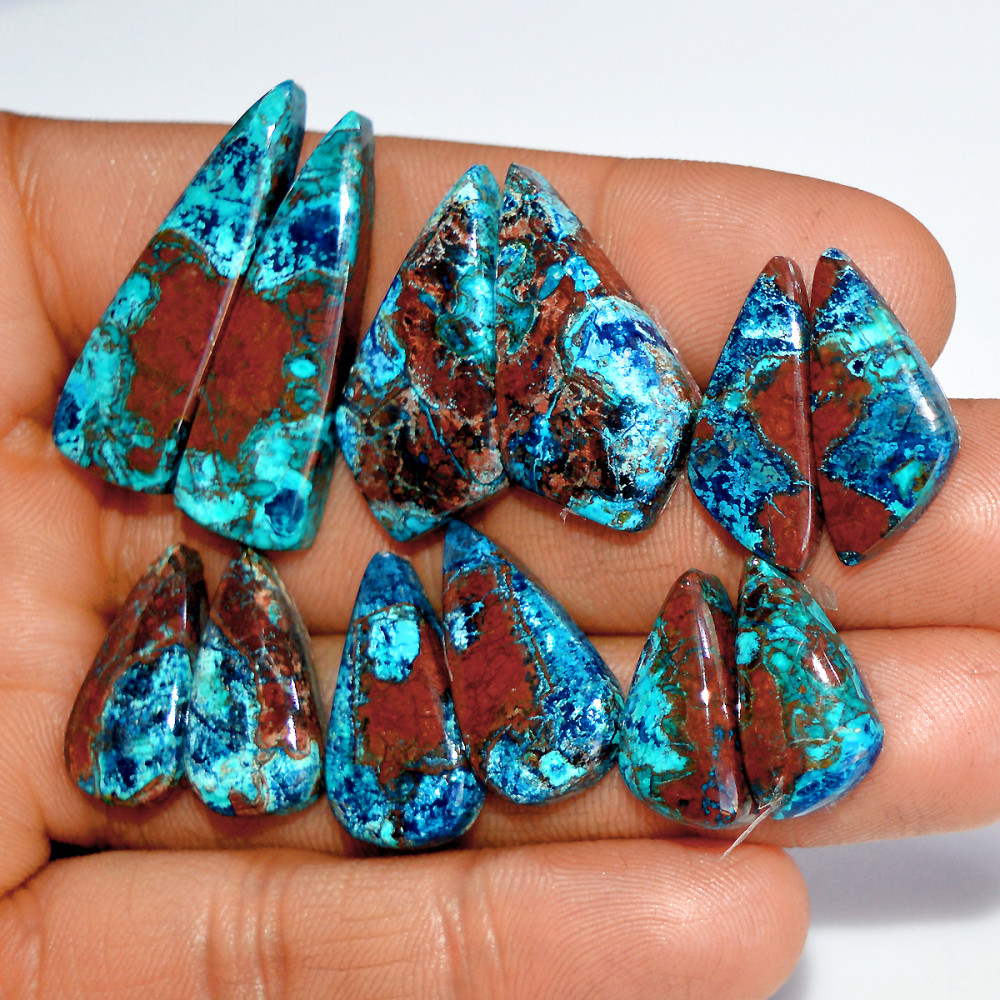 Image of 6 Pairs 136 Cts Natural Azurite Shattuckite Healing Crystal Cabochon Gemstone Pairs 32x9 16x8mm #17917