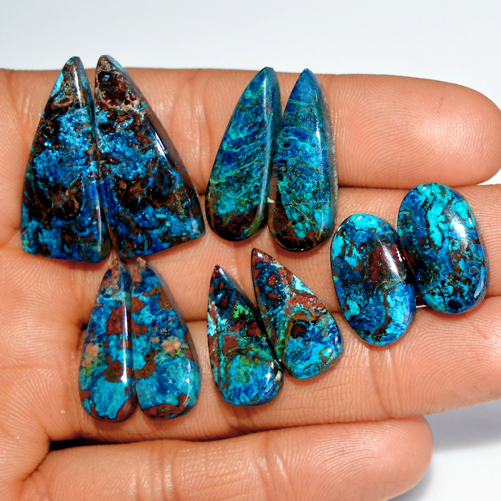 Image of 5 Pairs 132 Cts Natural Azurite Shattuckite Healing Crystal Cabochon Gemstone Pairs 29x12 18x9mm #17918