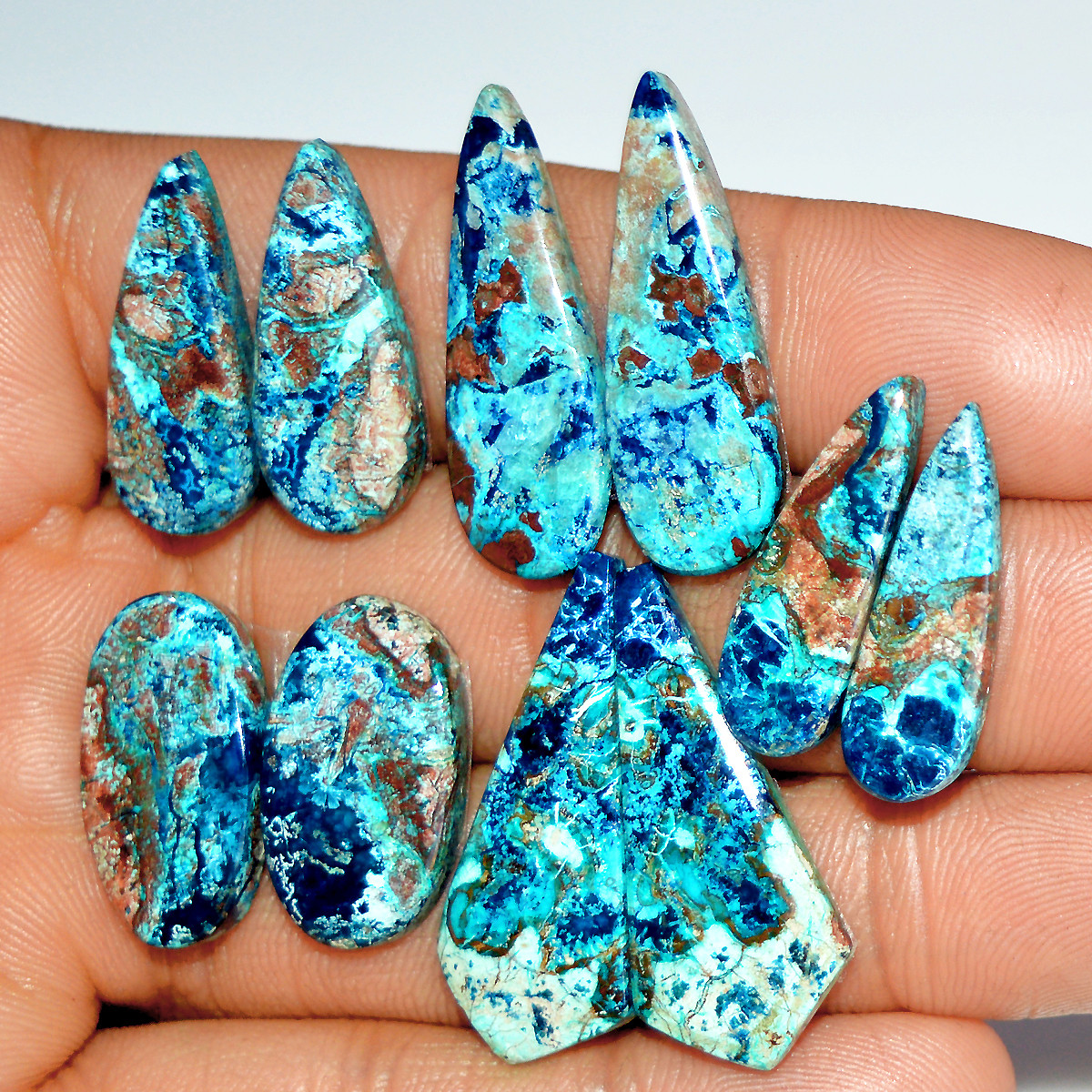 5 Pairs 96 Cts Natural Azurite Shattuckite Healing Crystal Cabochon Gemstone Pairs 31x10 23x11mm 17921