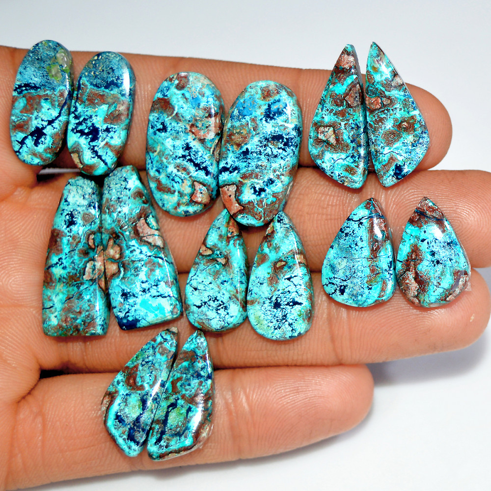 Image of 7 Pairs 121 Cts Natural Azurite Shattuckite Healing Crystal Cabochon Gemstone Pairs 26x9 21x8mm #17923