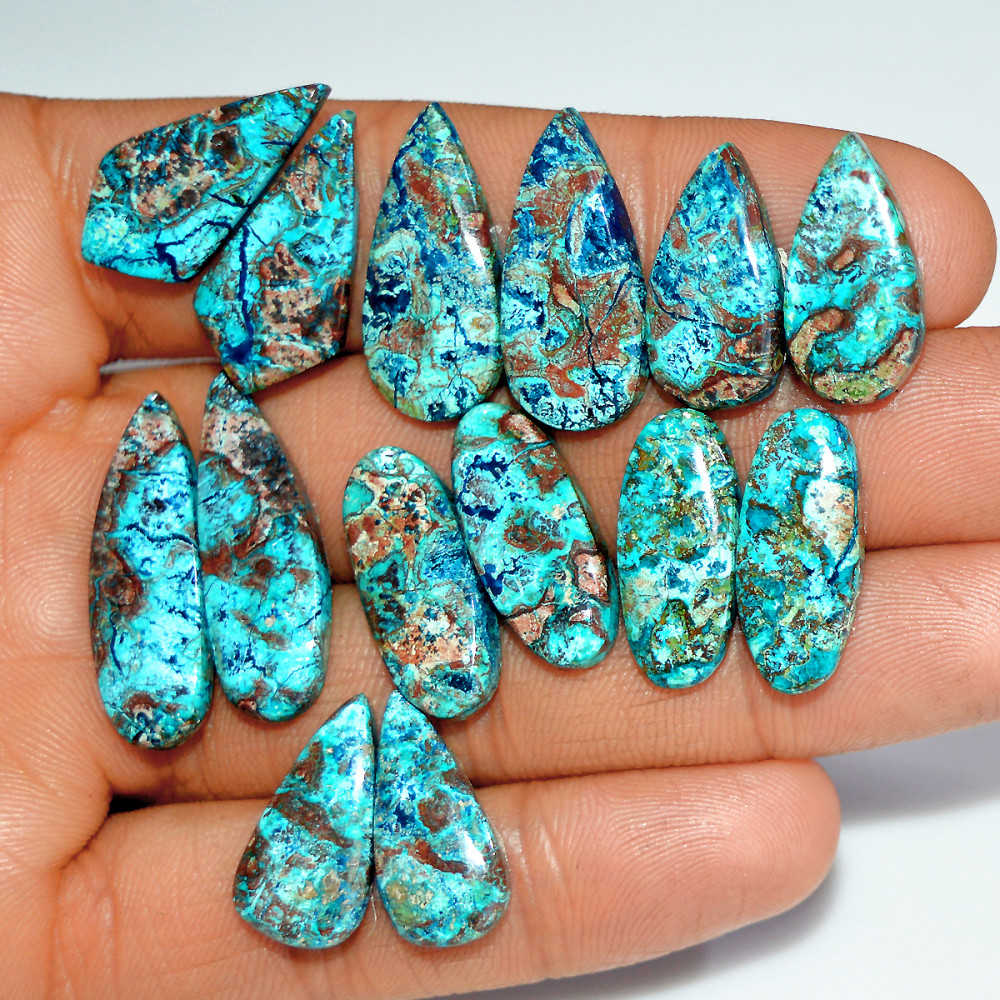 Image of 7 Pairs 104 Cts Natural Azurite Shattuckite Healing Crystal Cabochon Gemstone Pairs 28x8 18x8mm #17924
