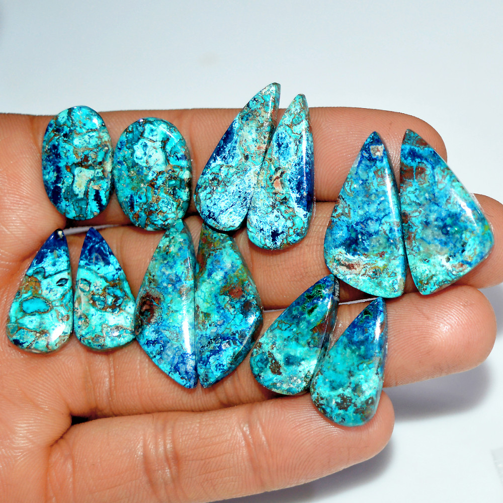 Image of 6 Pairs 133 Cts Natural Azurite Shattuckite Healing Crystal Cabochon Gemstone Pairs 29x10 22x10mm #17925