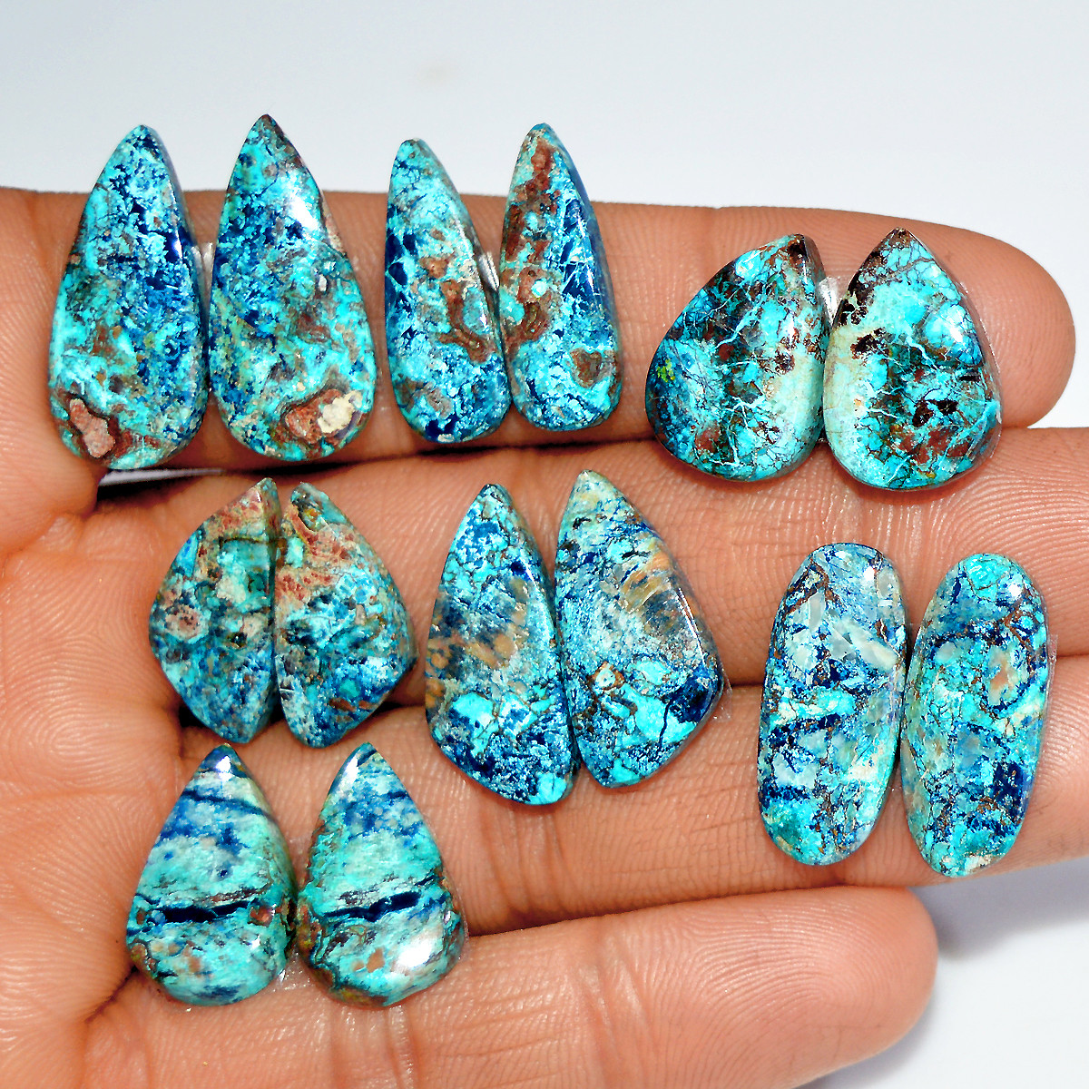 7 Pairs 118 Cts Natural Azurite Shattuckite Healing Crystal Cabochon Gemstone Pairs 23x10 16x10mm 17927