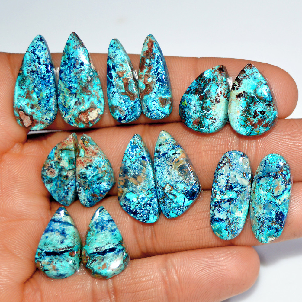 Image of 7 Pairs 118 Cts Natural Azurite Shattuckite Healing Crystal Cabochon Gemstone Pairs 23x10 16x10mm #17927