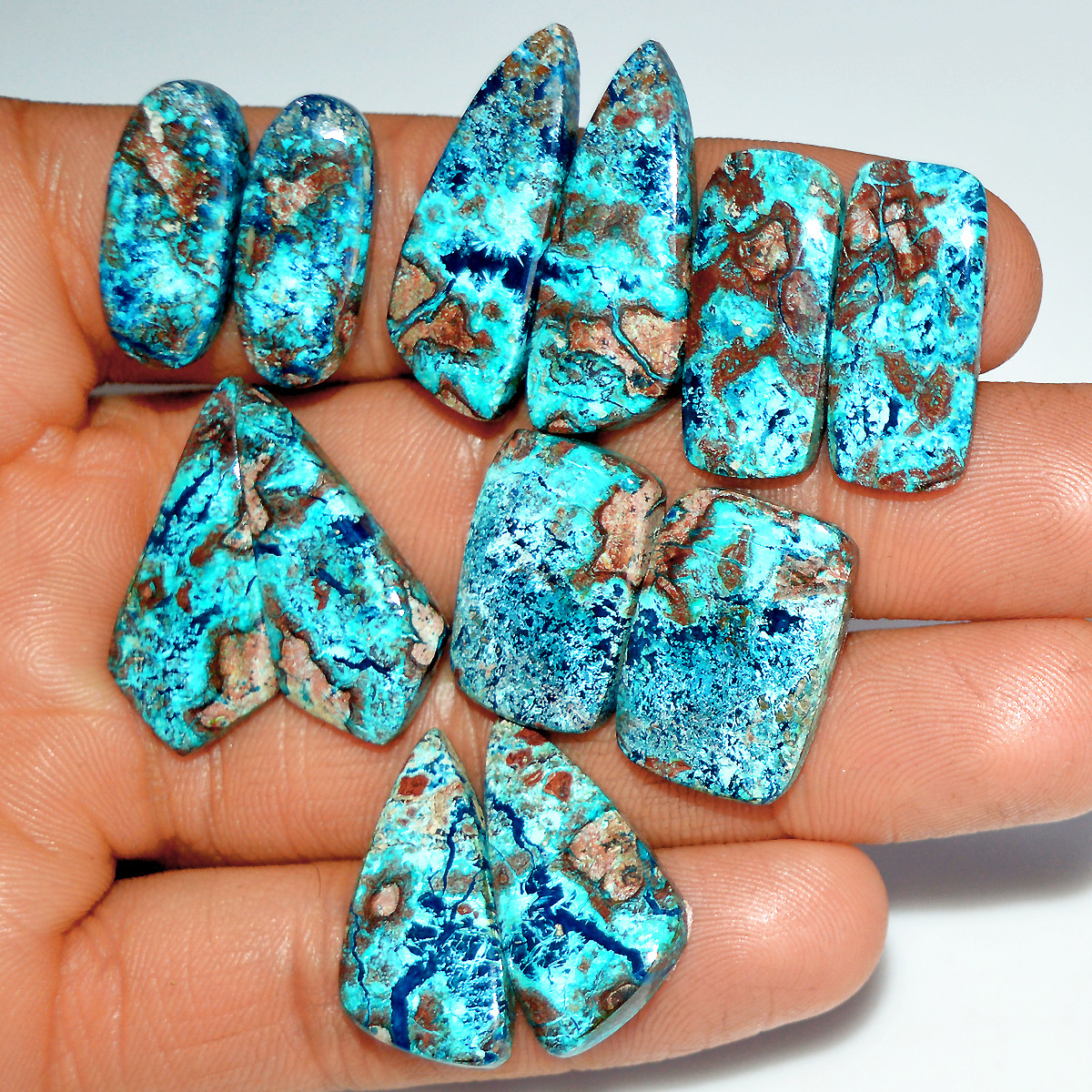 6 Pairs 125 Cts Natural Azurite Shattuckite Healing Crystal Cabochon Gemstone Pairs 27x10 20x7mm 17928