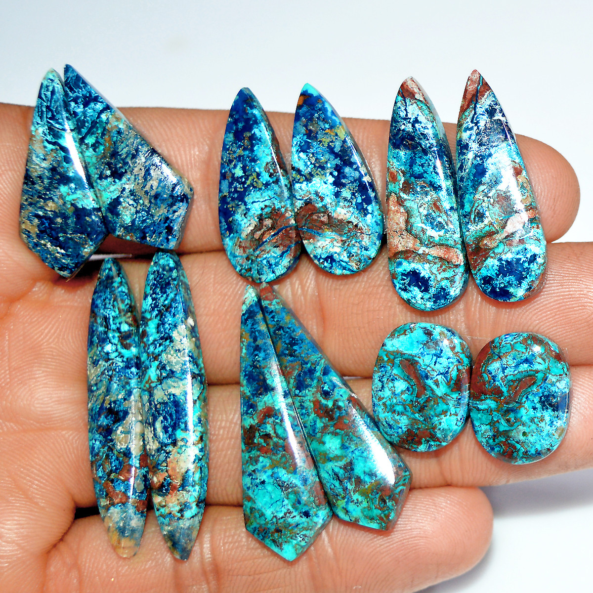 6 Pairs 140 Cts Natural Azurite Shattuckite Healing Crystal Cabochon Gemstone Pairs 41x7 15x12mm 17932