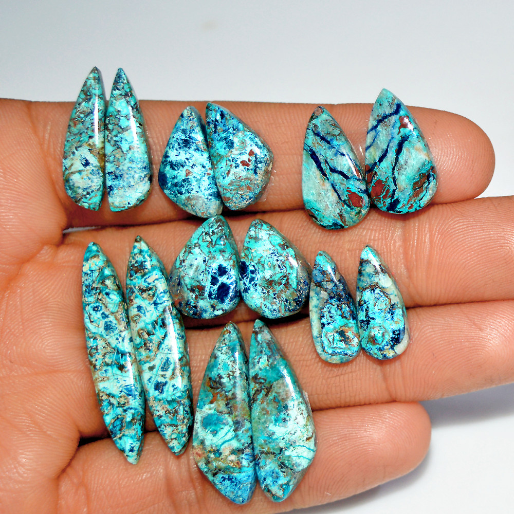 Image of 7 Pairs 99 Cts Natural Azurite Shattuckite Gemstone Pair Lot Dangle Earring Crystal 36x6 16x6mm #17933