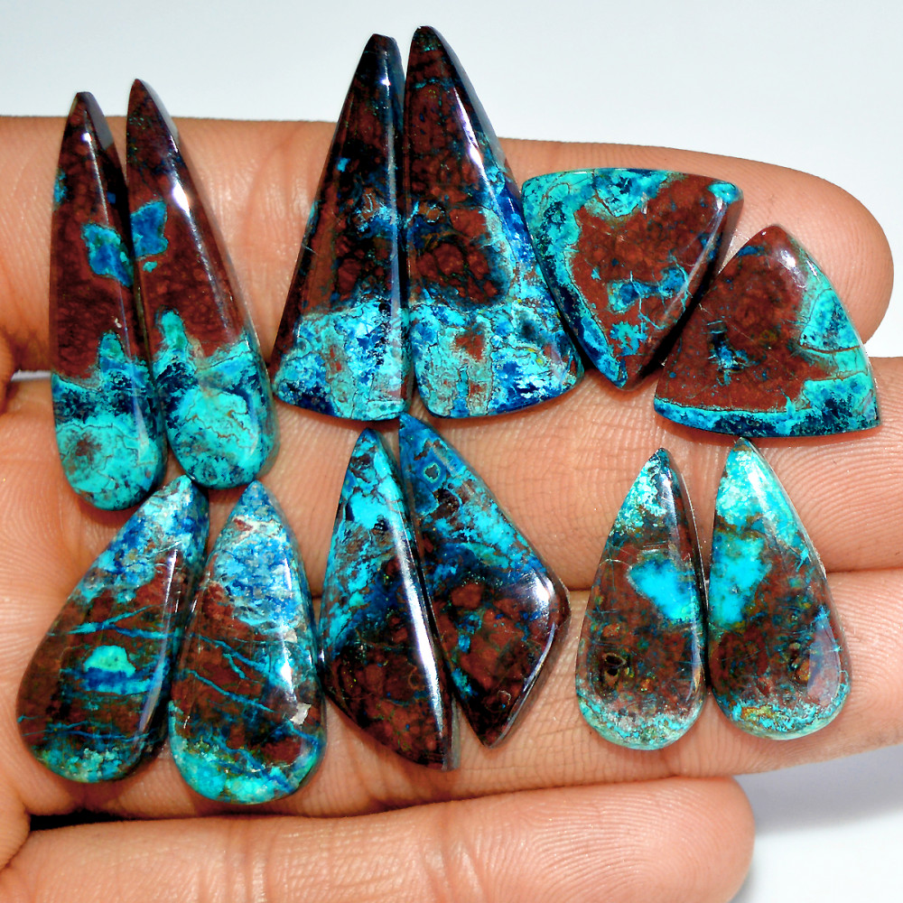 Image of 6 Pairs 146 Cts Natural Azurite Shattuckite Silver Jewelry Making Supplies Gemstone Pair 35x9 17x17mm #17957