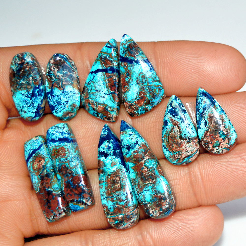 Image of 5 Pairs 97 Cts Natural Azurite Shattuckite Silver Jewelry Making Supplies Gemstone Pair 31x10 20x11mm #17958