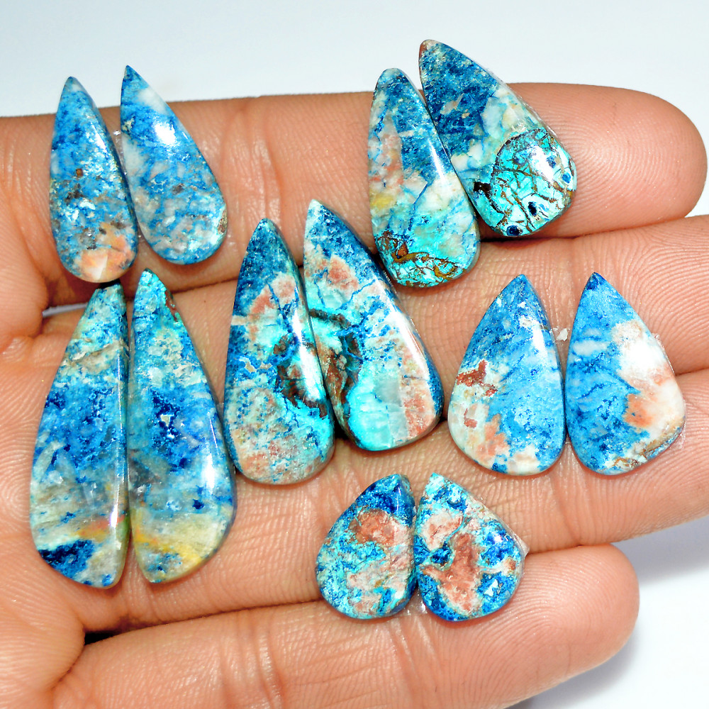 Image of 6 Pairs 97 Cts Natural Azurite Shattuckite Silver Jewelry Making Supplies Gemstone Pair 33x10 13x10mm #17960