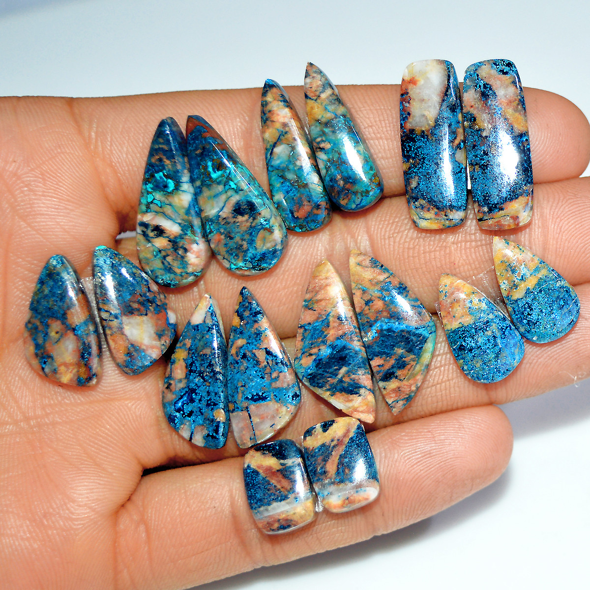 8 Pairs 144 Cts Natural Azurite Shattuckite Silver Jewelry Making Supplies Gemstone Pair 27x12 12x10mm 17961