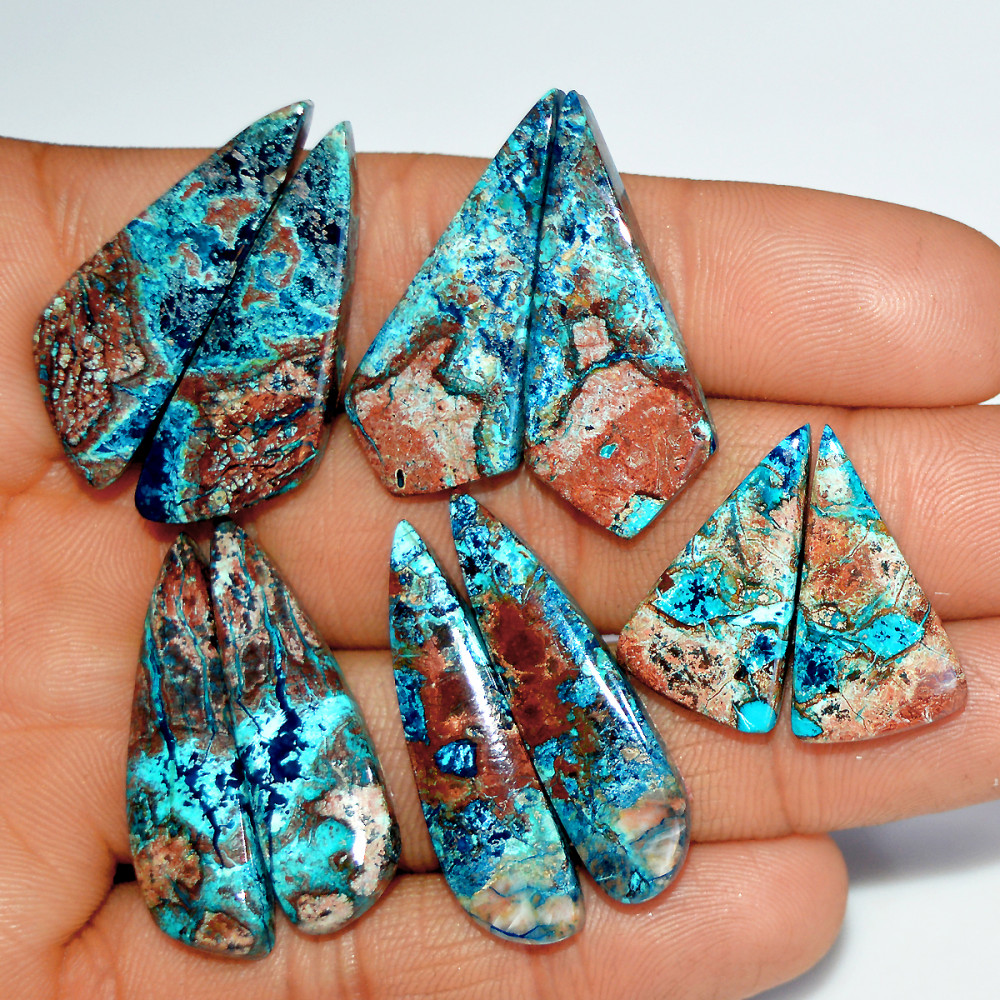 Image of 5 Pairs 120 Cts Natural Azurite Shattuckite Silver Jewelry Making Supplies Gemstone Pair 35x10 23x12mm #17962