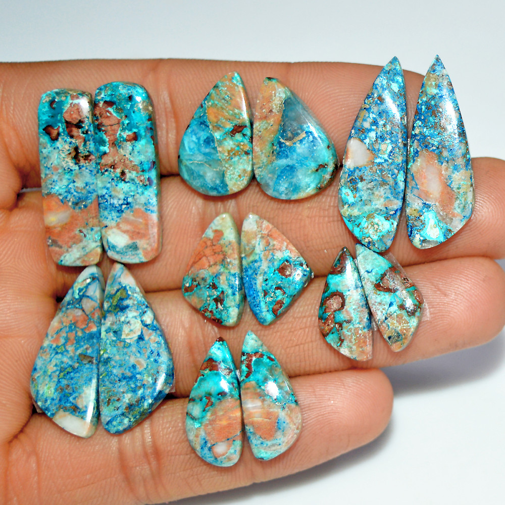 Image of 7 Pairs 101 Cts Natural Azurite Shattuckite Silver Jewelry Making Supplies Gemstone Pair 28x8 16x6mm #17966