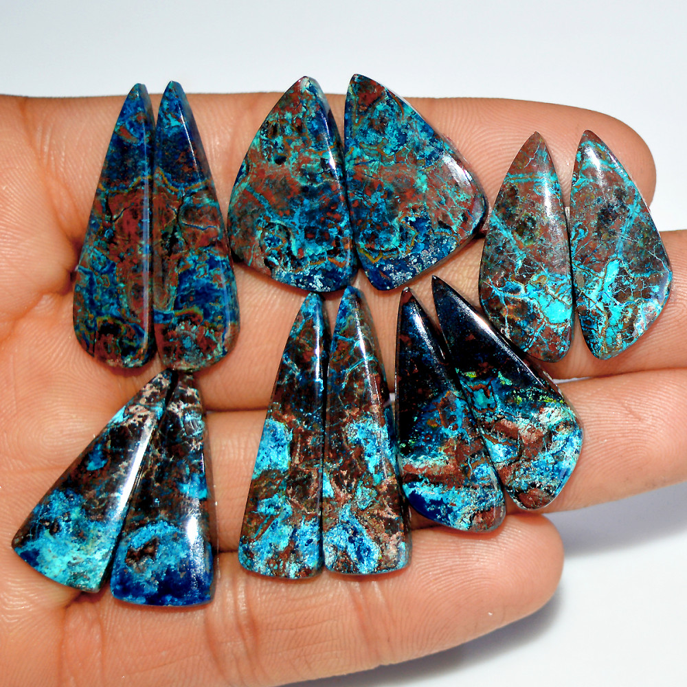 Image of 6 Pairs 177 Cts Natural Azurite Shattuckite Silver Jewelry Making Supplies Gemstone Pair 33x9 25x9mm #17969