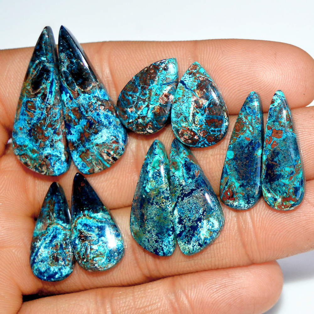 Image of 5 Pairs 105 Cts Natural Azurite Shattuckite Silver Jewelry Making Supplies Gemstone Pair 32x11 17x10mm #17979