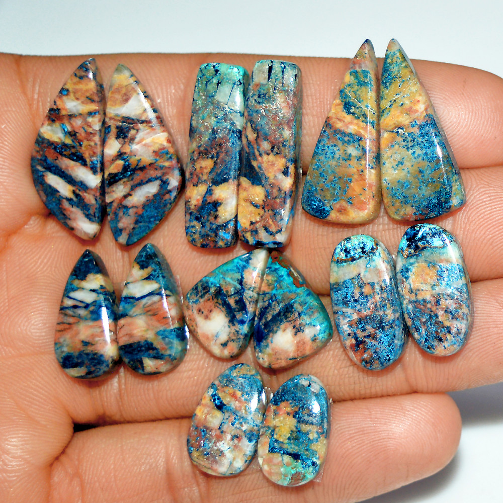 Image of 7 Pairs 123 Cts Natural Azurite Shattuckite Silver Jewelry Making Supplies Gemstone Pair 25x6 15x9mm #17980