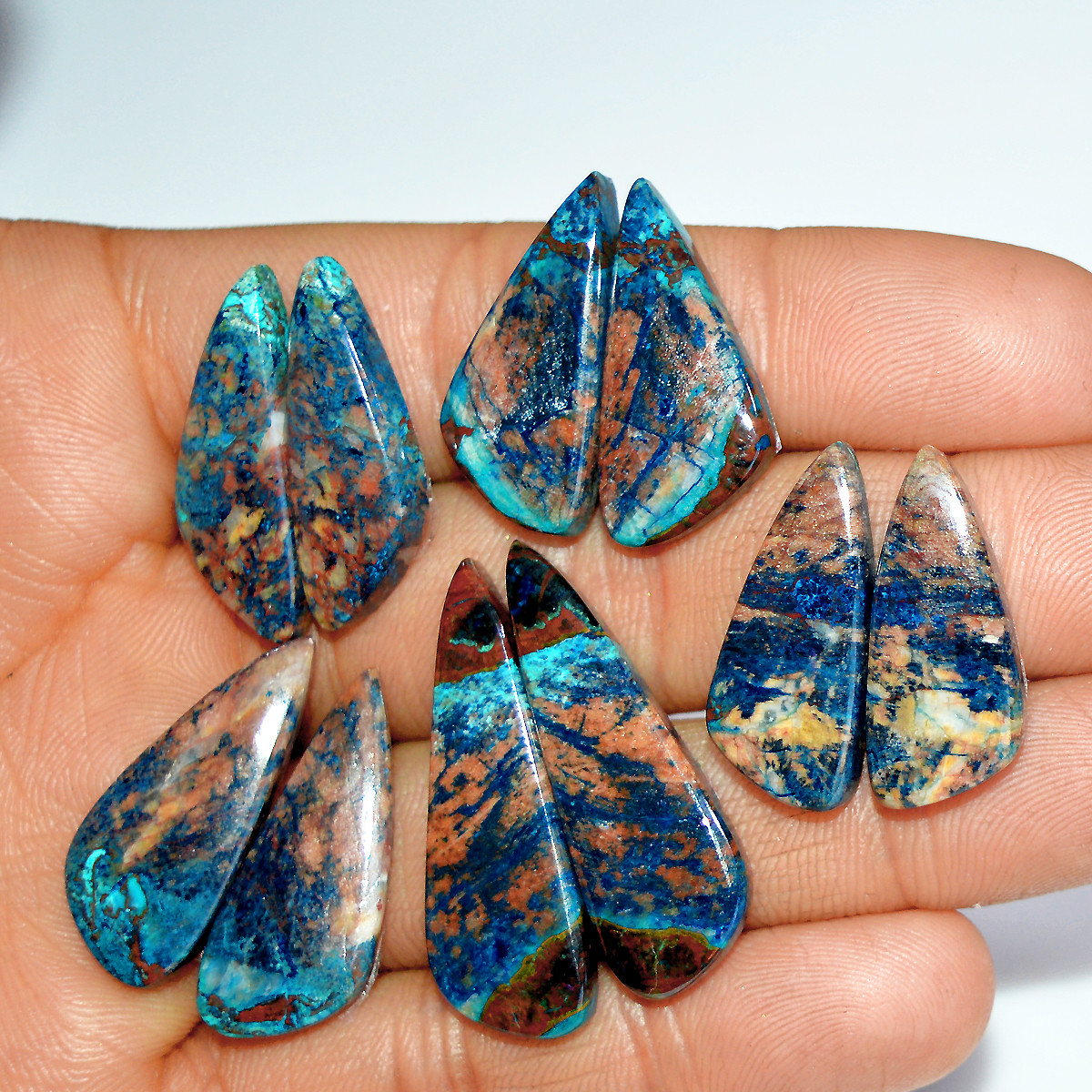5 Pairs 123 Cts Natural Azurite Shattuckite Jewelry Making Cabochon Semi-Precious Gemstone 34x10 24x9mm 17981
