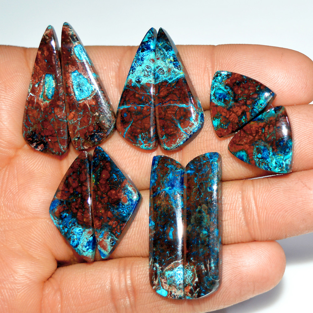 Image of 5 Pairs 150 Cts Natural Azurite Shattuckite Jewelry Making Cabochon Semi-Precious Gemstone 34x7 13x15mm #17982
