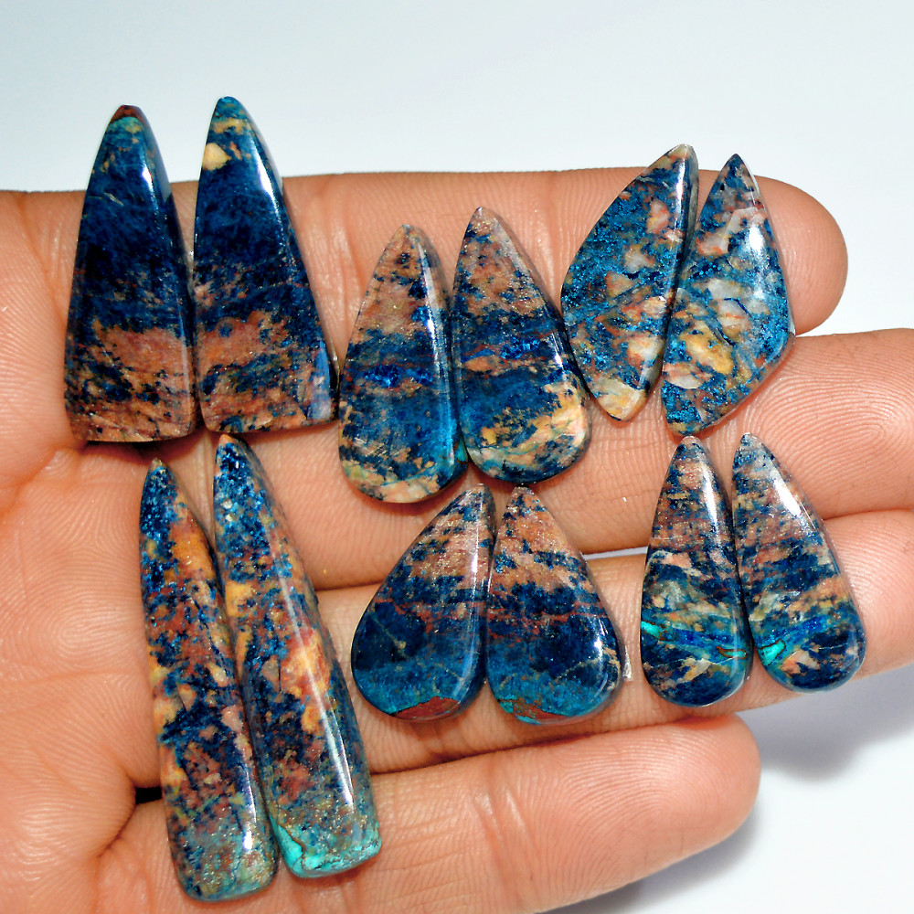 Image of 6 Pairs 164 Cts Natural Azurite Shattuckite Jewelry Making Cabochon Semi-Precious Gemstone 41x7 22x7mm #17983