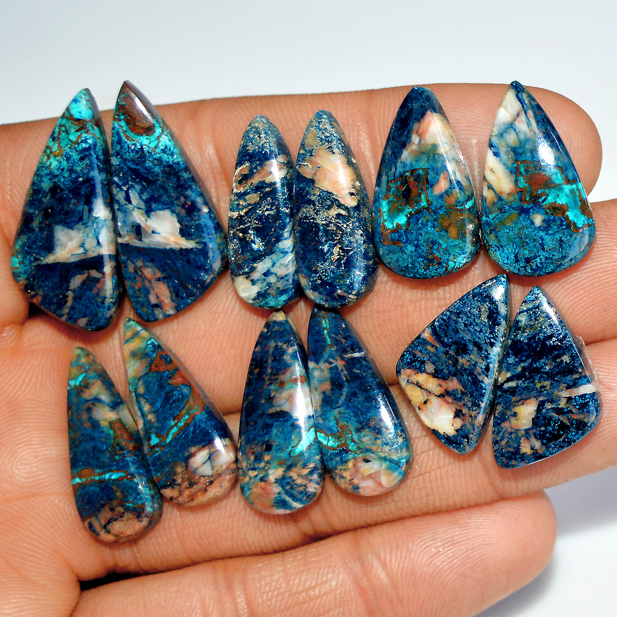 6 Pairs 136 Cts Natural Azurite Shattuckite Jewelry Making Cabochon Semi-Precious Gemstone 27x11 21x7mm 17984