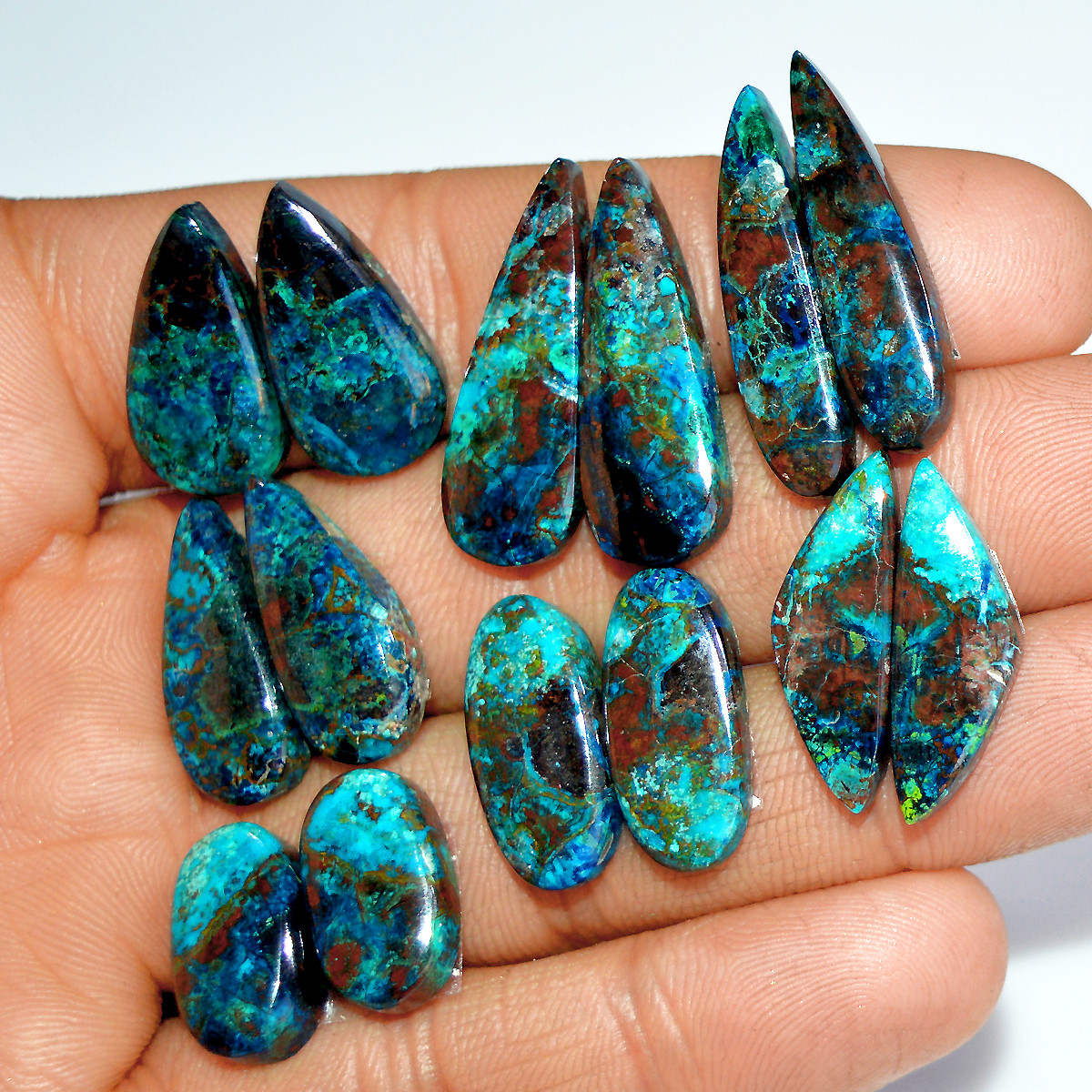 7 Pairs 132 Cts Natural Azurite Shattuckite Jewelry Making Cabochon Semi-Precious Gemstone 26x8 15x8mm 17985