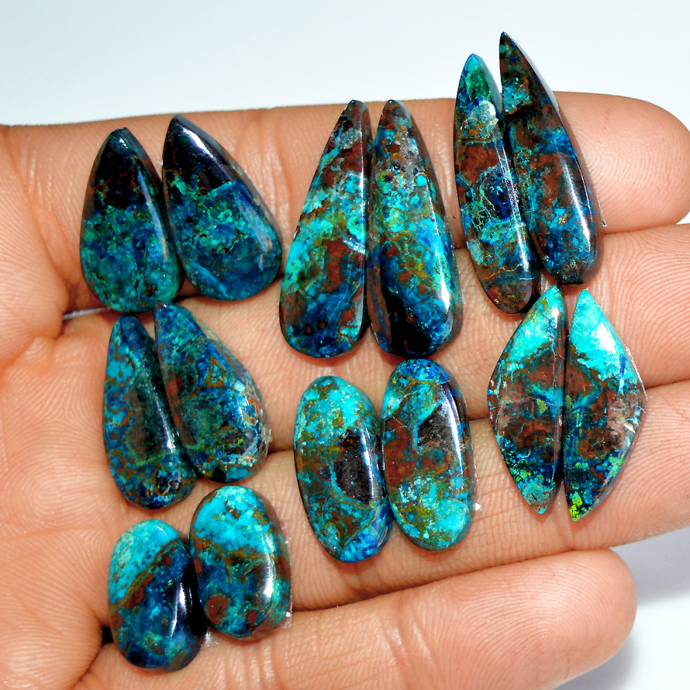 Image of 7 Pairs 132 Cts Natural Azurite Shattuckite Jewelry Making Cabochon Semi-Precious Gemstone 26x8 15x8mm #17985