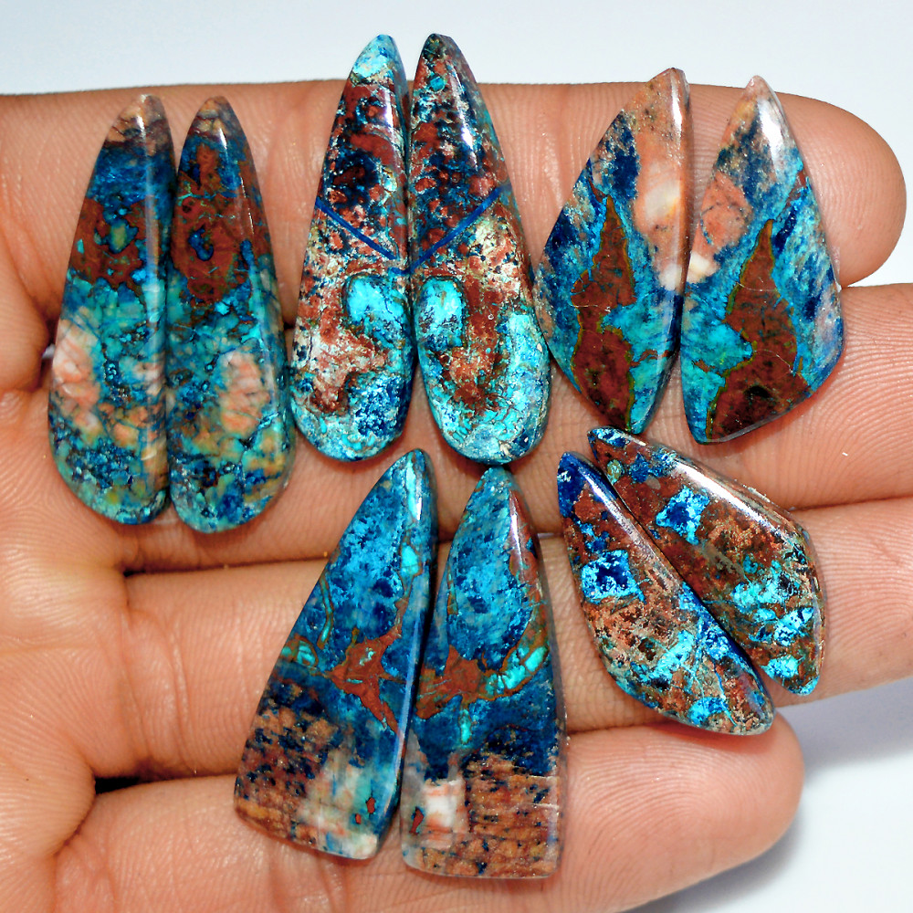 Image of 5 Pairs 136 Cts Natural Azurite Shattuckite Jewelry Making Cabochon Semi-Precious Gemstone 34x9 25x8mm #17986