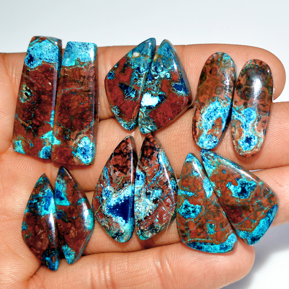 Image of 6 Pairs 168 Cts Natural Azurite Shattuckite Jewelry Making Cabochon Semi-Precious Gemstone 31x10 20x8mm #17987