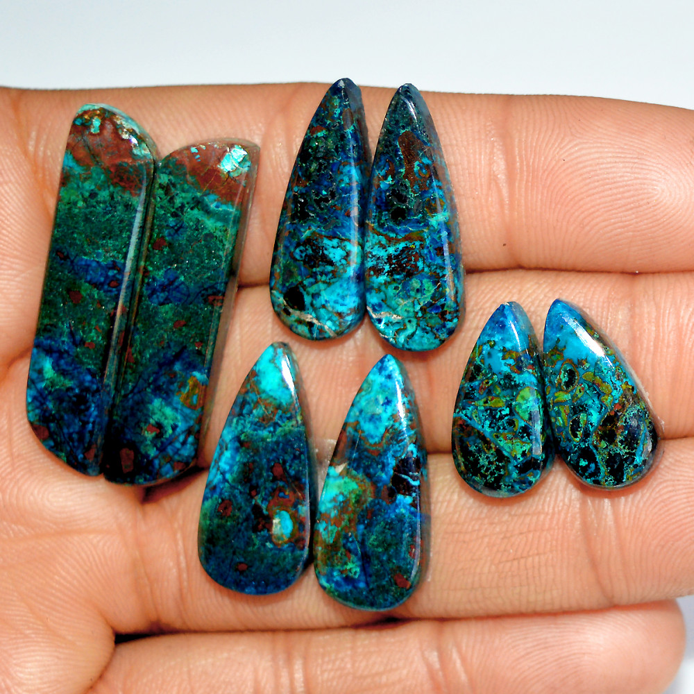 Image of 4 Pairs 125 Cts Natural Azurite Shattuckite Jewelry Making Cabochon Semi-Precious Gemstone 35x7 18x8mm #17989