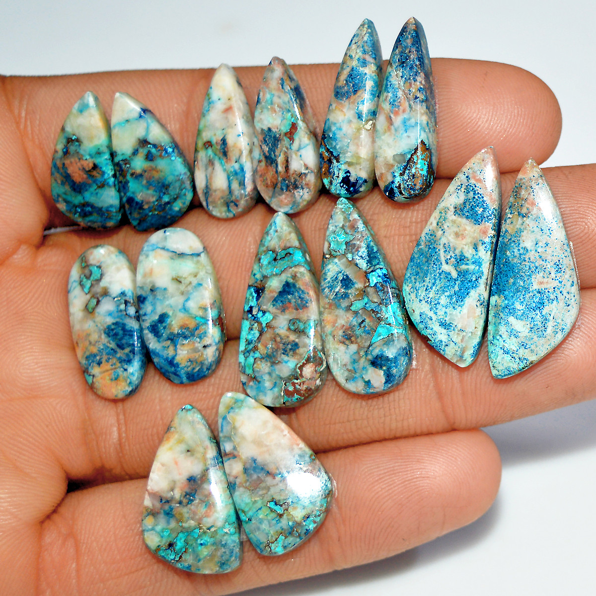 7 Pairs 120 Cts Natural Azurite Shattuckite Jewelry Making Cabochon Semi-Precious Gemstone 24x10 19x7mm 17991