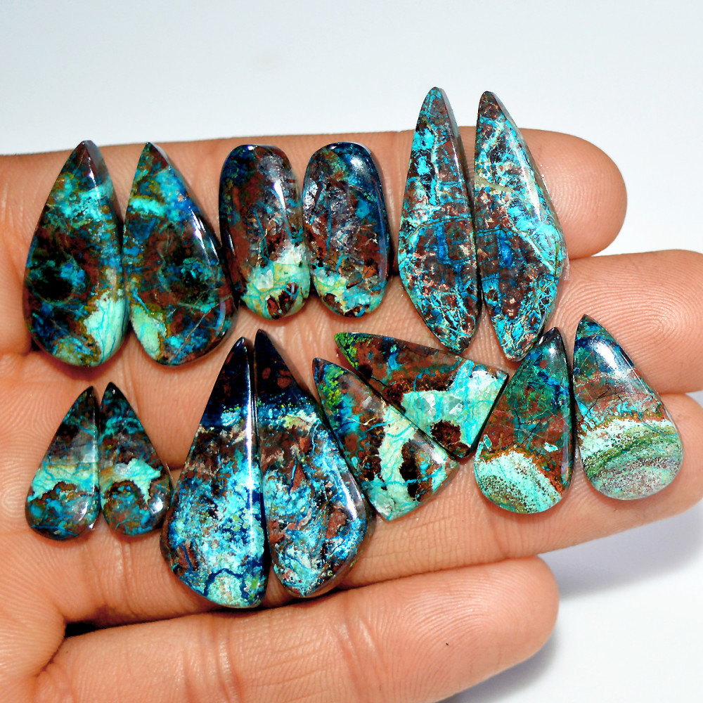 Image of 7 Pairs 150 Cts Natural Azurite Shattuckite Jewelry Making Cabochon Semi-Precious Gemstone 30x10 18x8mm #17992