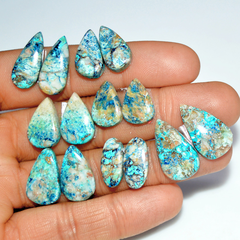 Image of 7 Pairs 92 Cts Natural Azurite Shattuckite Jewelry Making Cabochon Semi-Precious Gemstone 20x11 15x6mm #17994