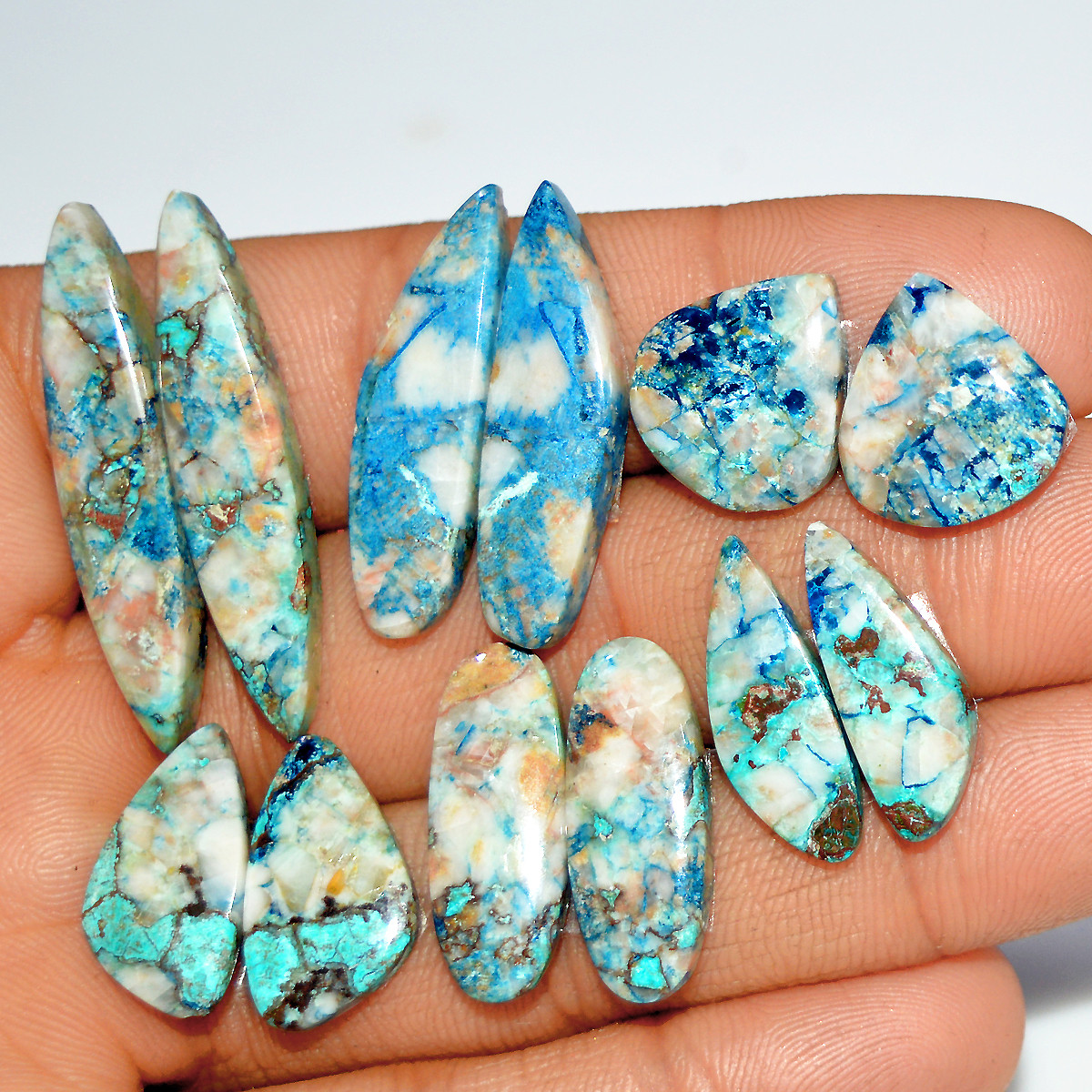 6 Pairs 94 Cts Natural Azurite Shattuckite Jewelry Making Cabochon Semi-Precious Gemstone 35x6 18x9mm 17995