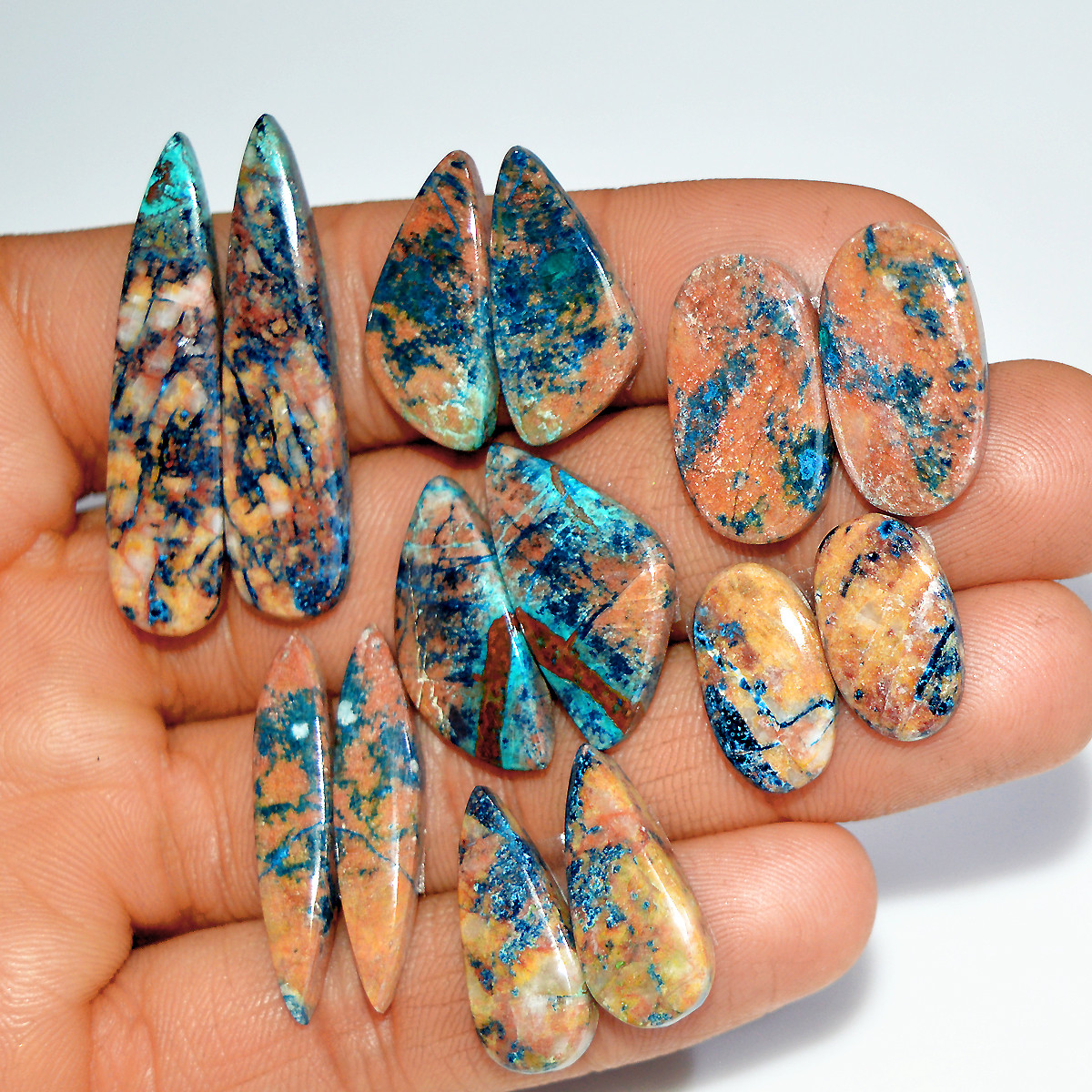 7 Pairs 121 Cts Natural Azurite Shattuckite Jewelry Making Cabochon Semi-Precious Gemstone 37x7 15x8mm 17997