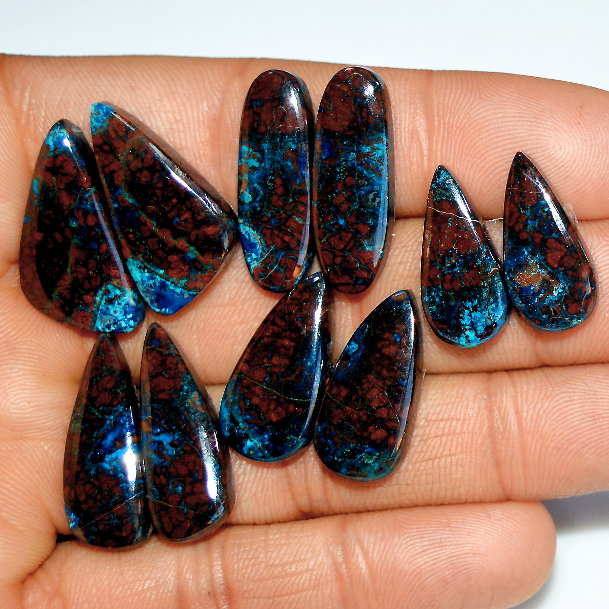 5 Pairs 133 Cts Natural Azurite Shattuckite Jewelry Making Cabochon Semi-Precious Gemstone 24x12 19x8mm 18001