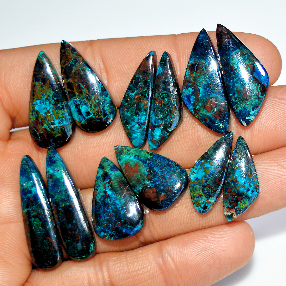 6 Pairs 148 Cts Natural Azurite Shattuckite Jewelry Making Cabochon Semi-Precious Gemstone 28x7 20x7mm 18002