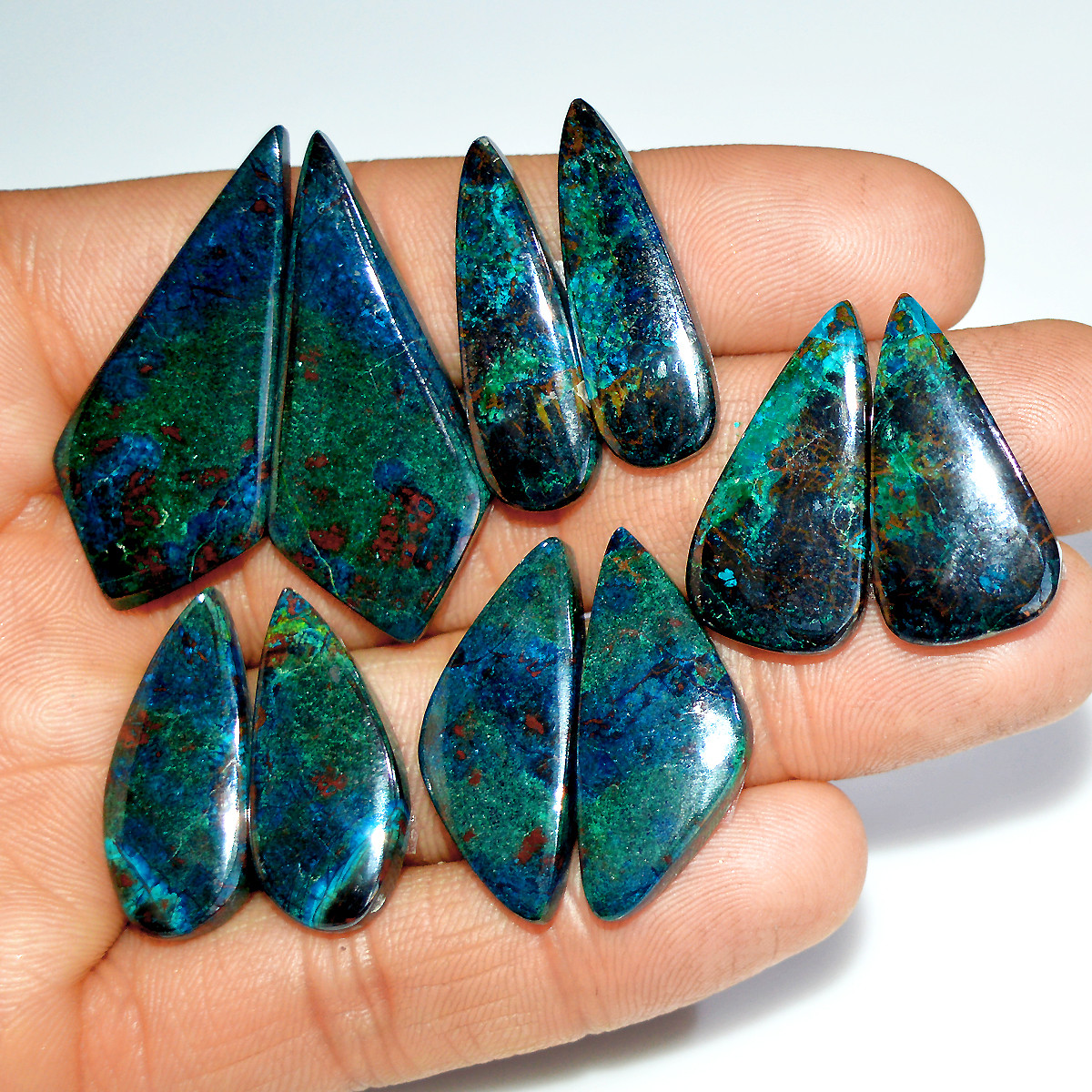 5 Pairs 206 Cts Natural Azurite Shattuckite Jewelry Making Cabochon Semi-Precious Gemstone 39x16 25x12mm 18003