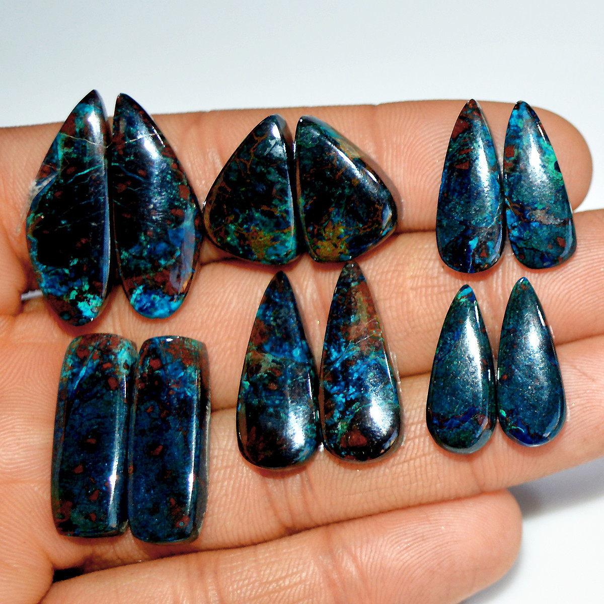 6 Pairs 158 Cts Natural Azurite Shattuckite Jewelry Making Cabochon Semi-Precious Gemstone 28x9 19x6mm 18004