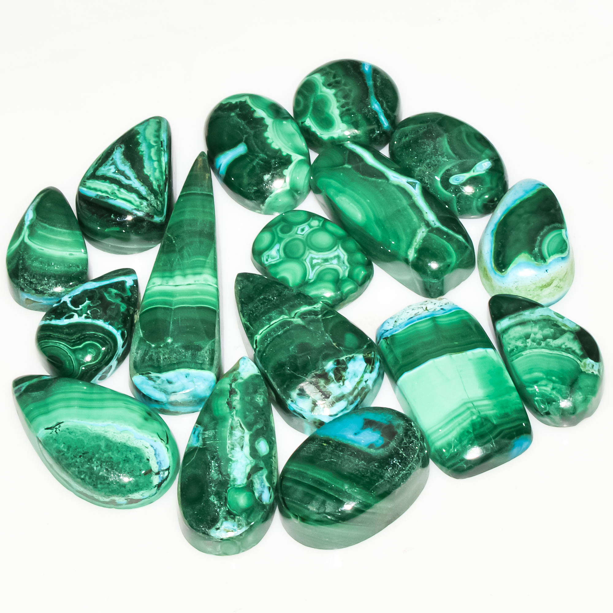 16Pcs 134Cts Natural Green Malachite Loose Cabochon Jewelry Making Gemstone Lot 30x10 12x9mm 18005
