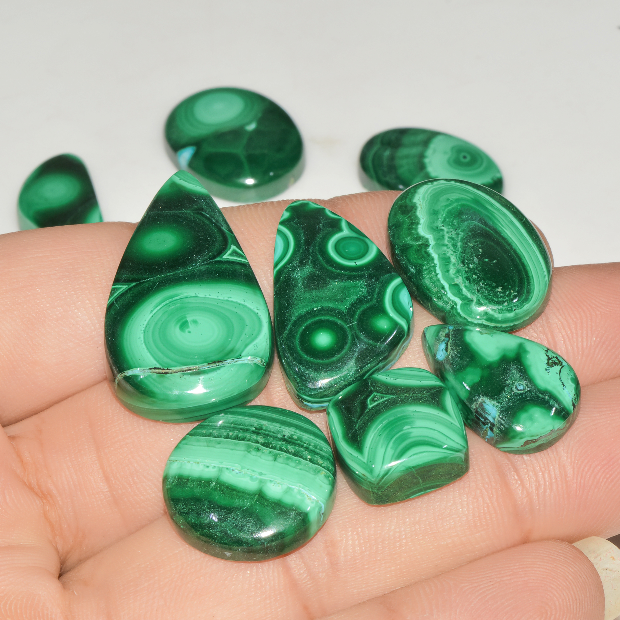 9Pcs 213Cts Natural Green Malachite Loose Cabochon Jewelry Making Gemstone Lot 32X18 15X13mm 18007