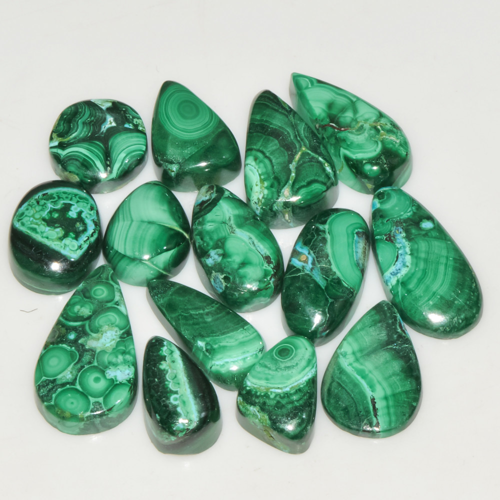 Image of 14Pcs 117Cts Natural Green Malachite Loose Cabochon Jewelry Making Gemstone Lot 20X11 14X8mm #18009