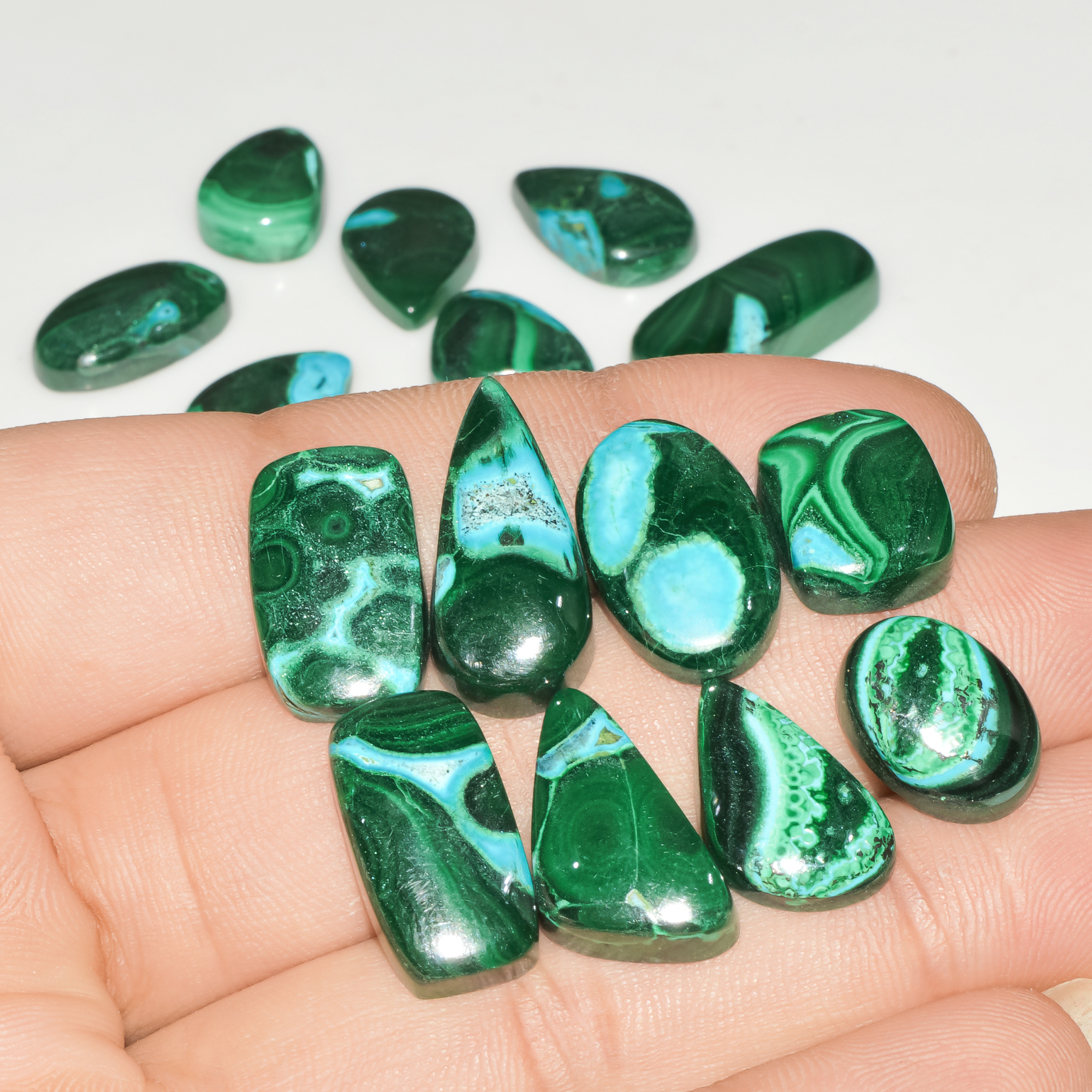 15Pcs 176Cts Natural Green Malachite Loose Cabochon Jewelry Making Gemstone Lot 22X11 15X11mm 18013