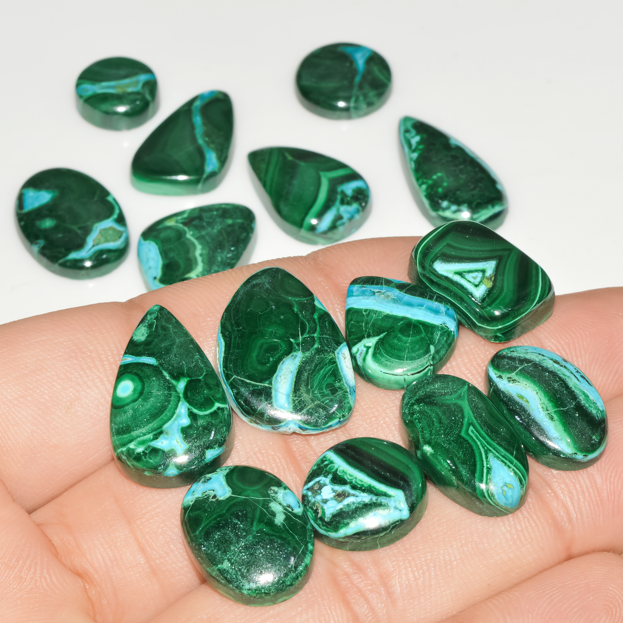 15Pcs 214Cts Natural Green Malachite Loose Cabochon Jewelry Making Gemstone Lot 22X15 11X11mm 18019