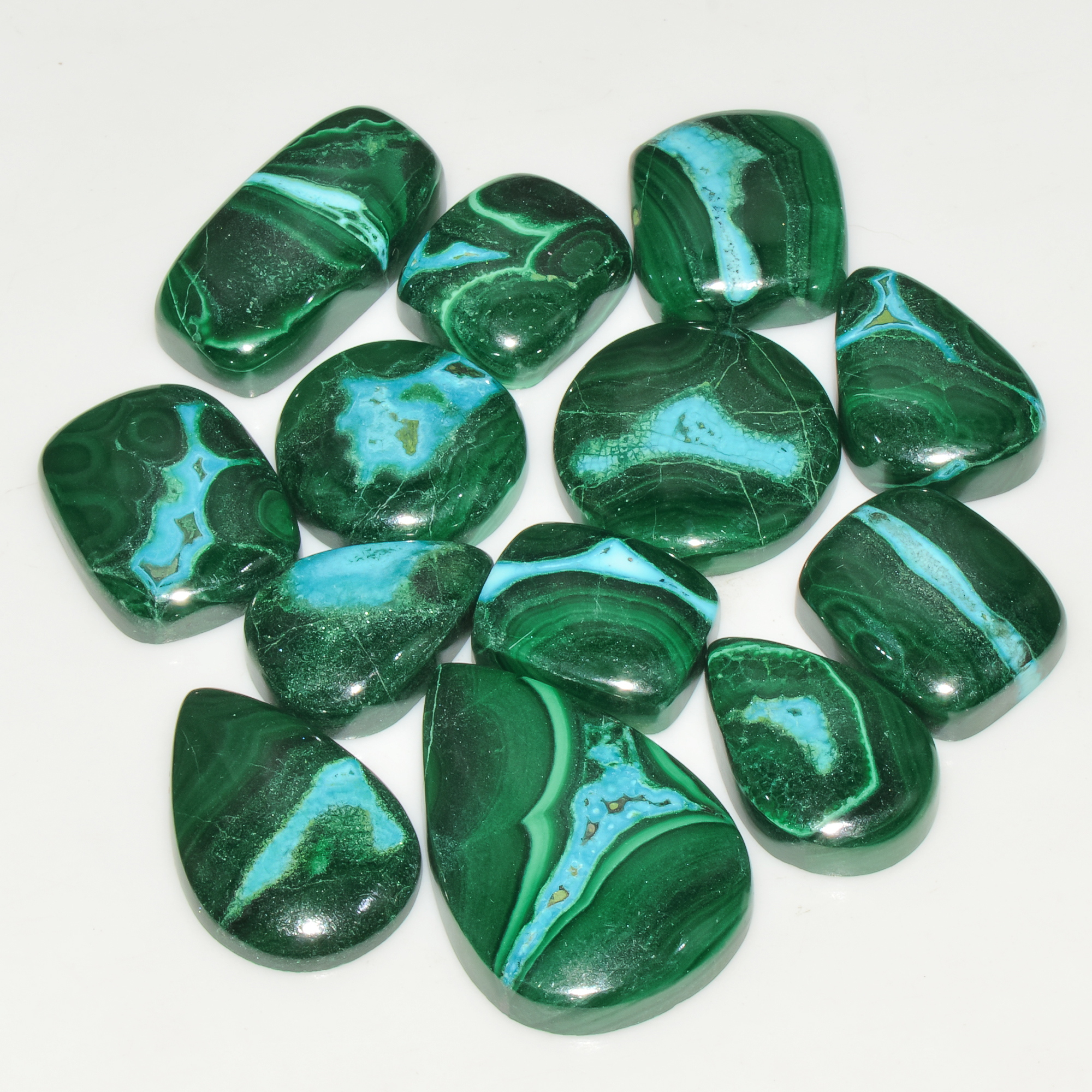 13Pcs 257Cts Natural Green Malachite Loose Cabochon Jewelry Making Gemstone Lot 29X20 15X13mm 18020