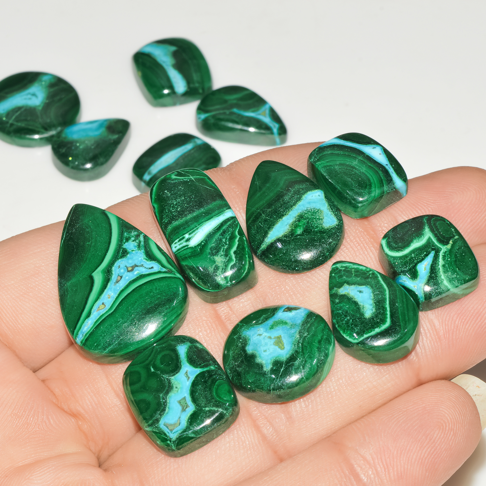 13Pcs 257Cts Natural Green Malachite Loose Cabochon Jewelry Making Gemstone Lot 29X20 15X13mm 18020