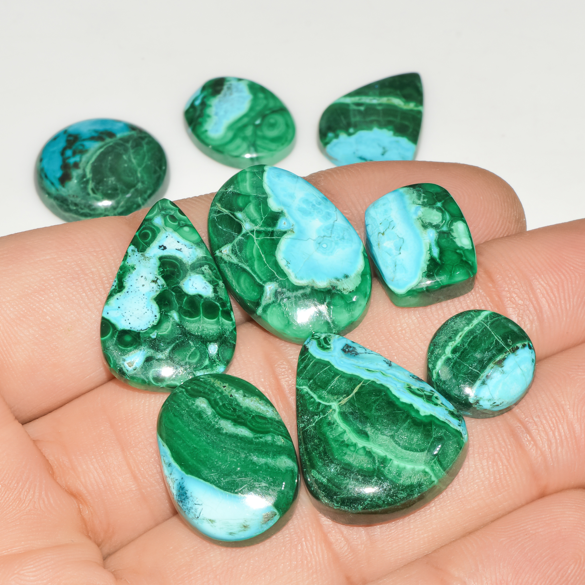 9Pcs 155Cts Natural Green Malachite Loose Cabochon Jewelry Making Gemstone Lot 24X19 15X11mm 18021