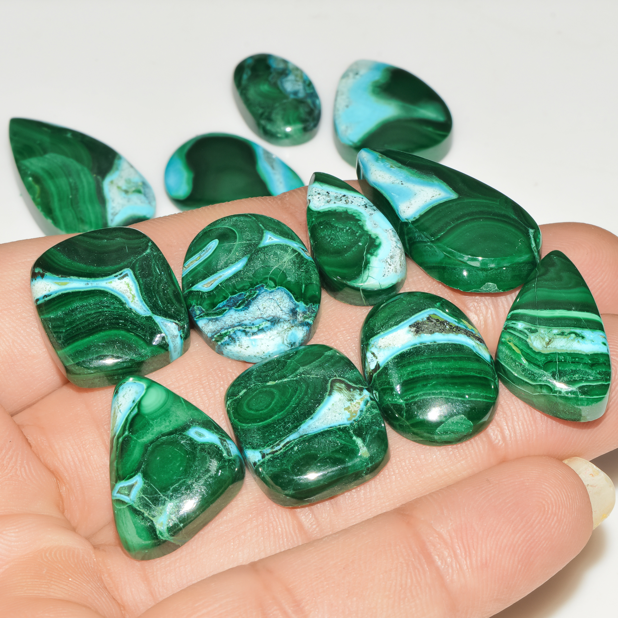 12Pcs 278Cts Natural Green Malachite Loose Cabochon Jewelry Making Gemstone Lot 30x15 19x15mm 18023