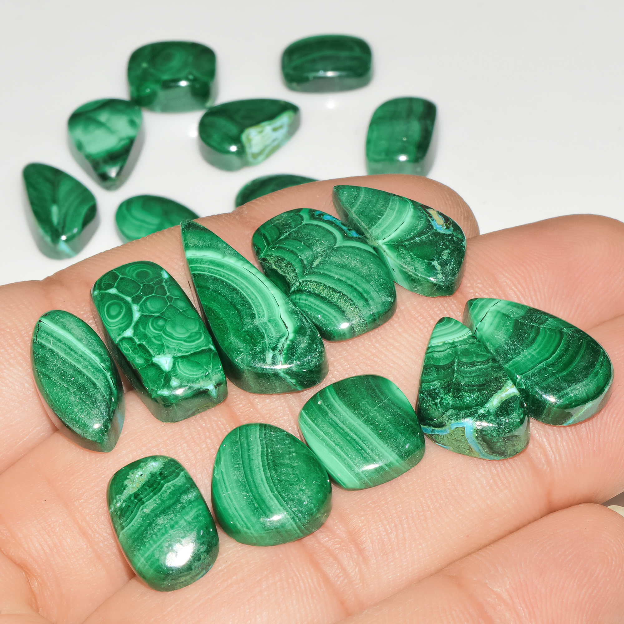 18Pcs 173Cts Natural Green Malachite Loose Cabochon Jewelry Making Gemstone Lot 23x9 10x8mm 18024